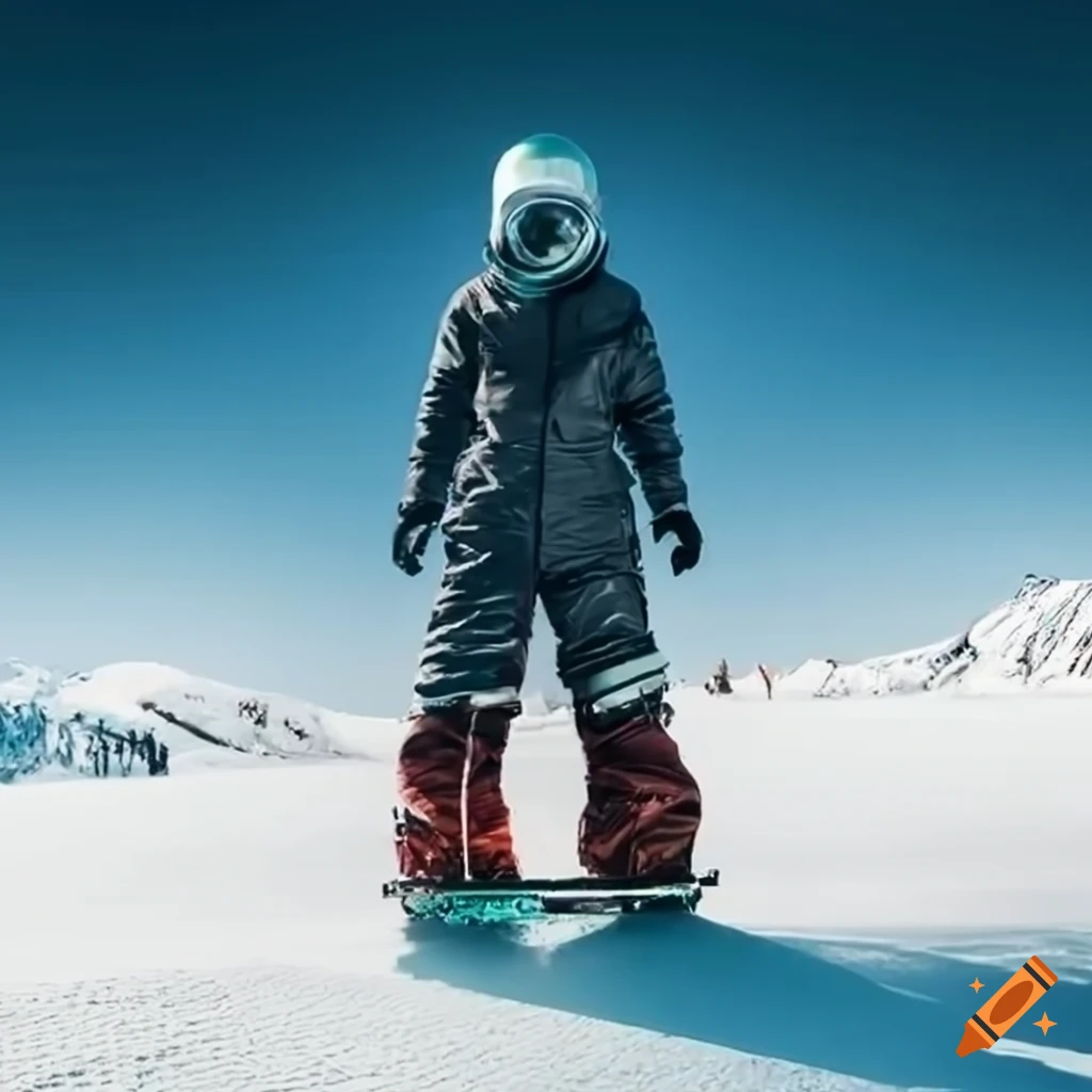 Person in fashionable spacesuit snowboarding on metal board