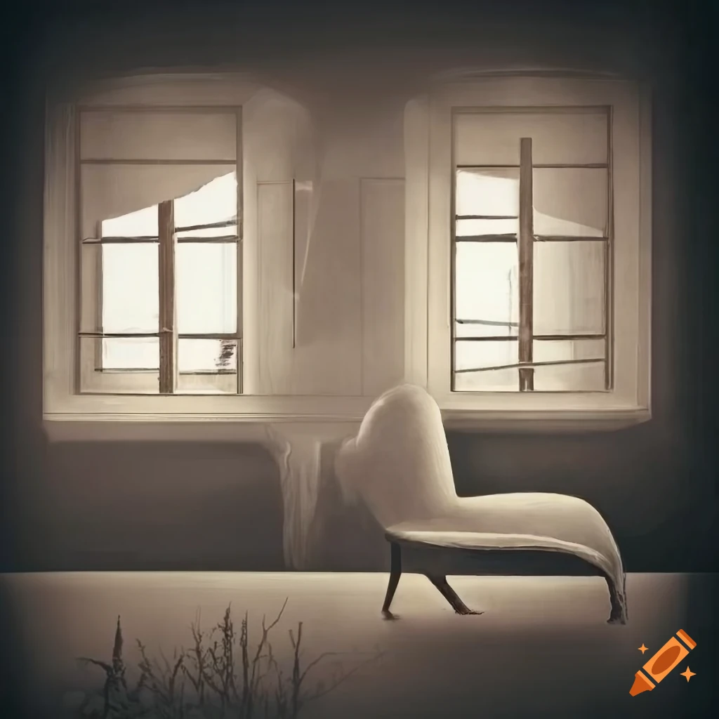 Retro 1950s surrealist art with rooms, windows, and strange forms in black, white, and sepia tones