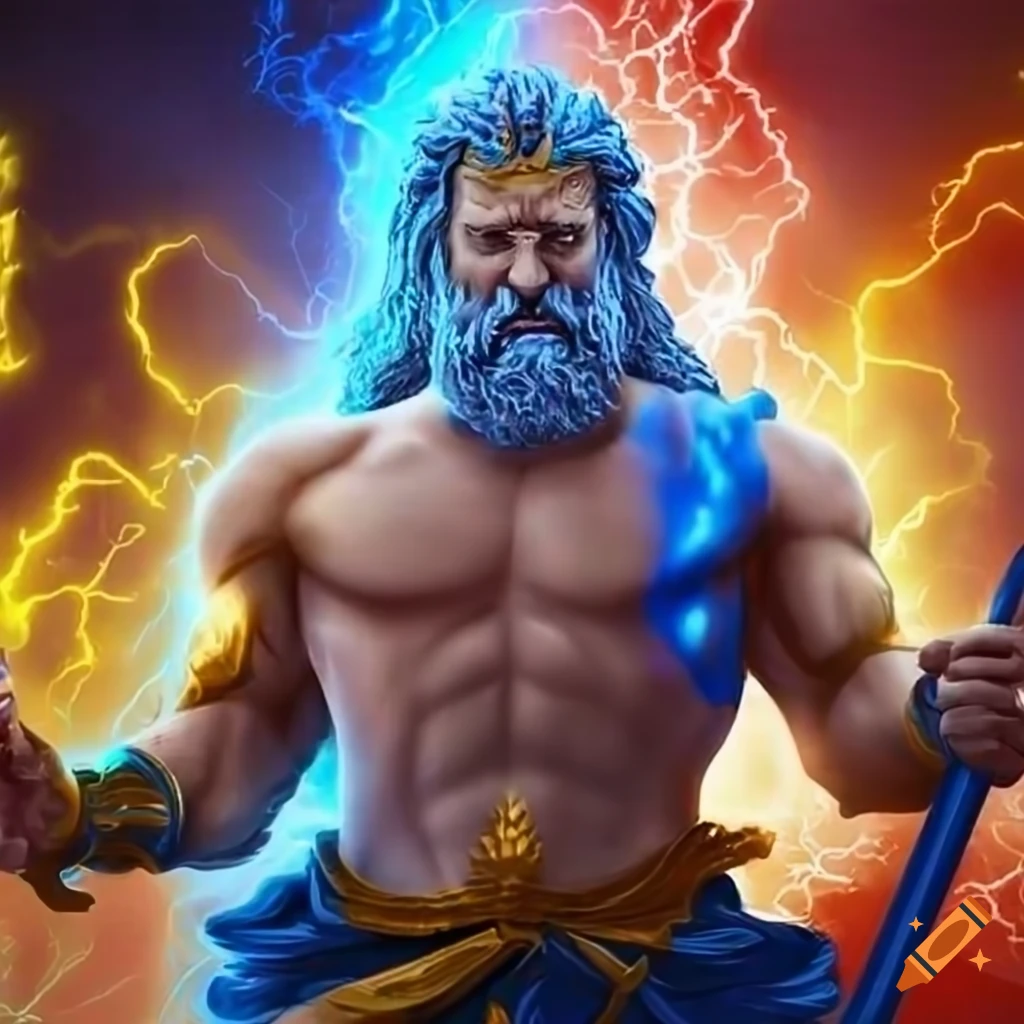 Zeus, the God of Gods, with colorful lightning bolts