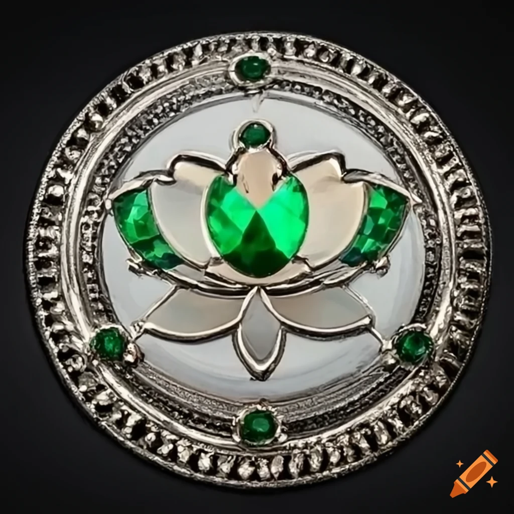 Round silver emblem with emerald gemstones and lotus blossom motif