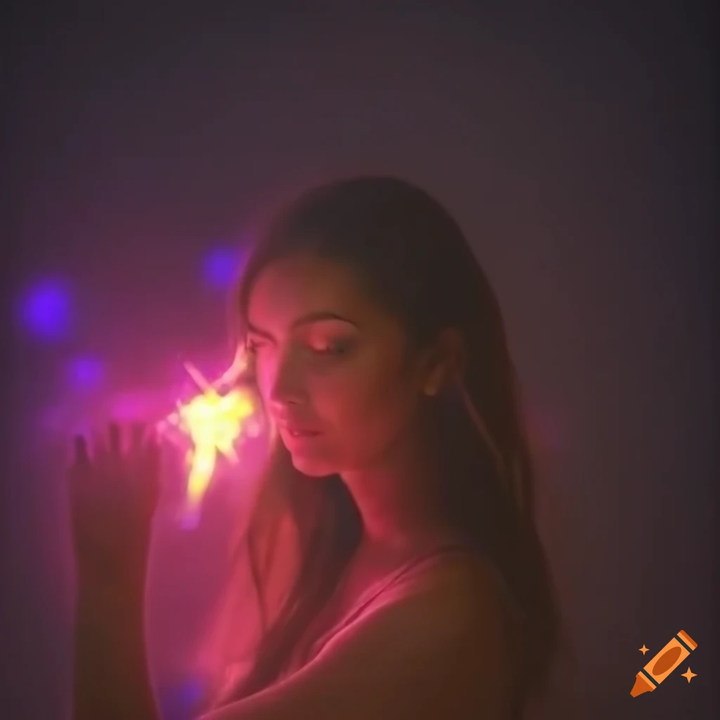 Ethereal woman with glowing chest surrounded by stars in a dark setting