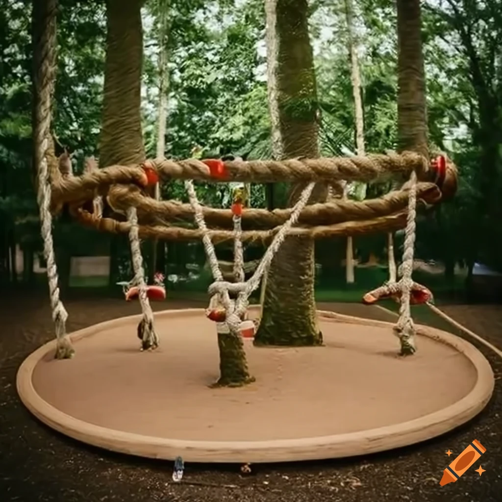 Tree adventure playground with hammocks, circular cubbies, and rope mushrooms steppers