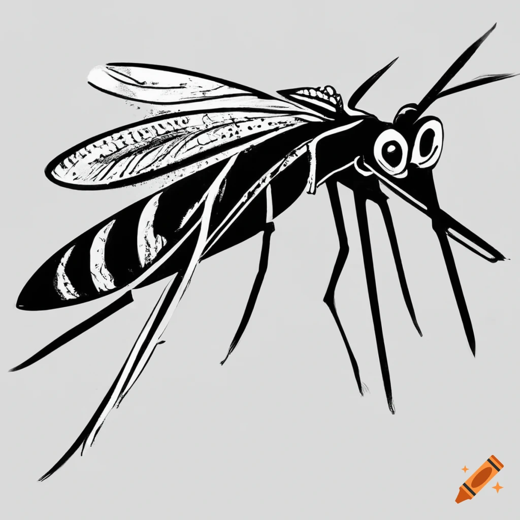 Cartoonish mascot mosquito in black and white stencil drawing