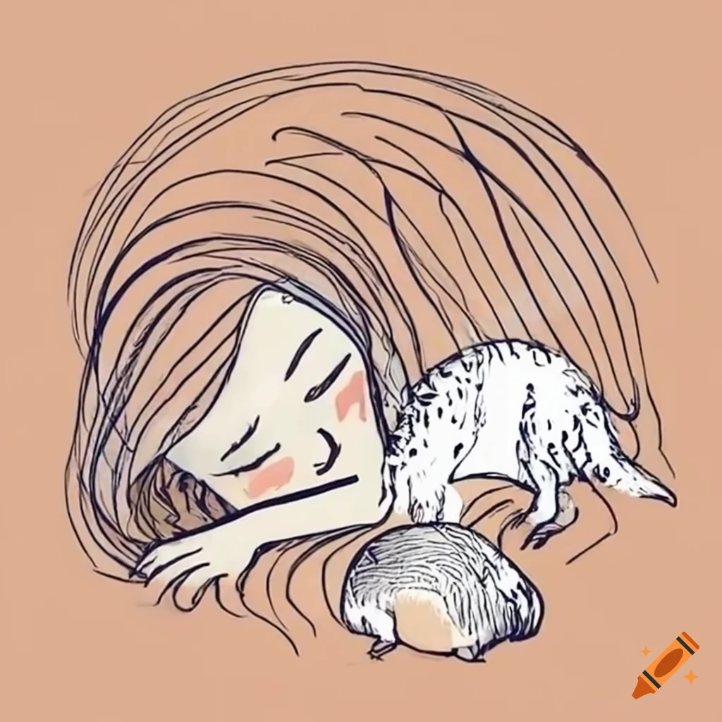 Girl dreaming about a cat and guinea pig running to Keetopia