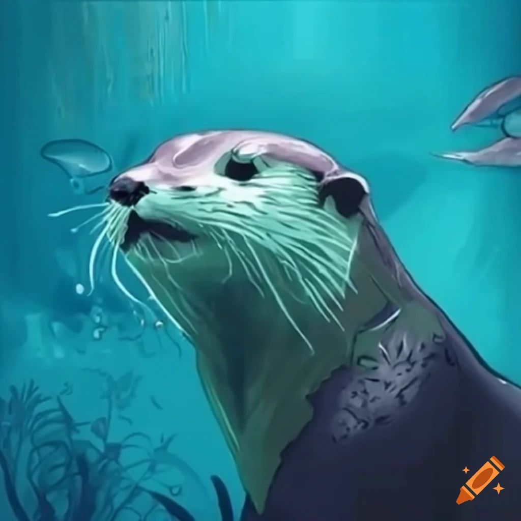 Otter swimming among fish underwater