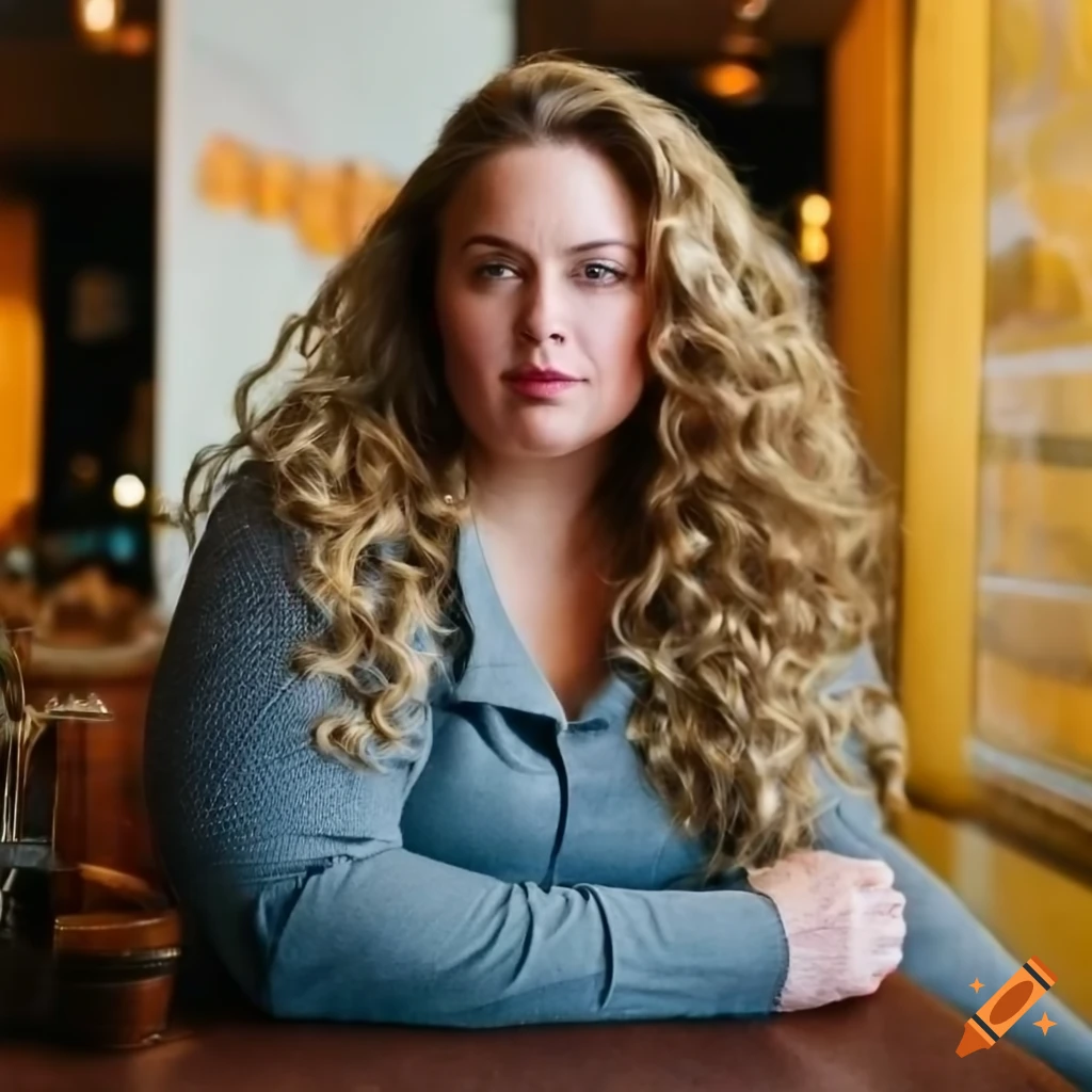 Caucasian blonde woman with long hair in a coffee shop