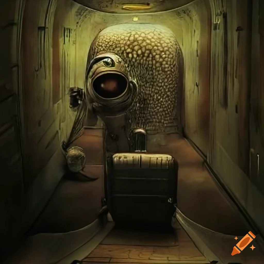 Interior of a haunted ultra-modern airport with astronaut getting luggage surrounded by wasp nests