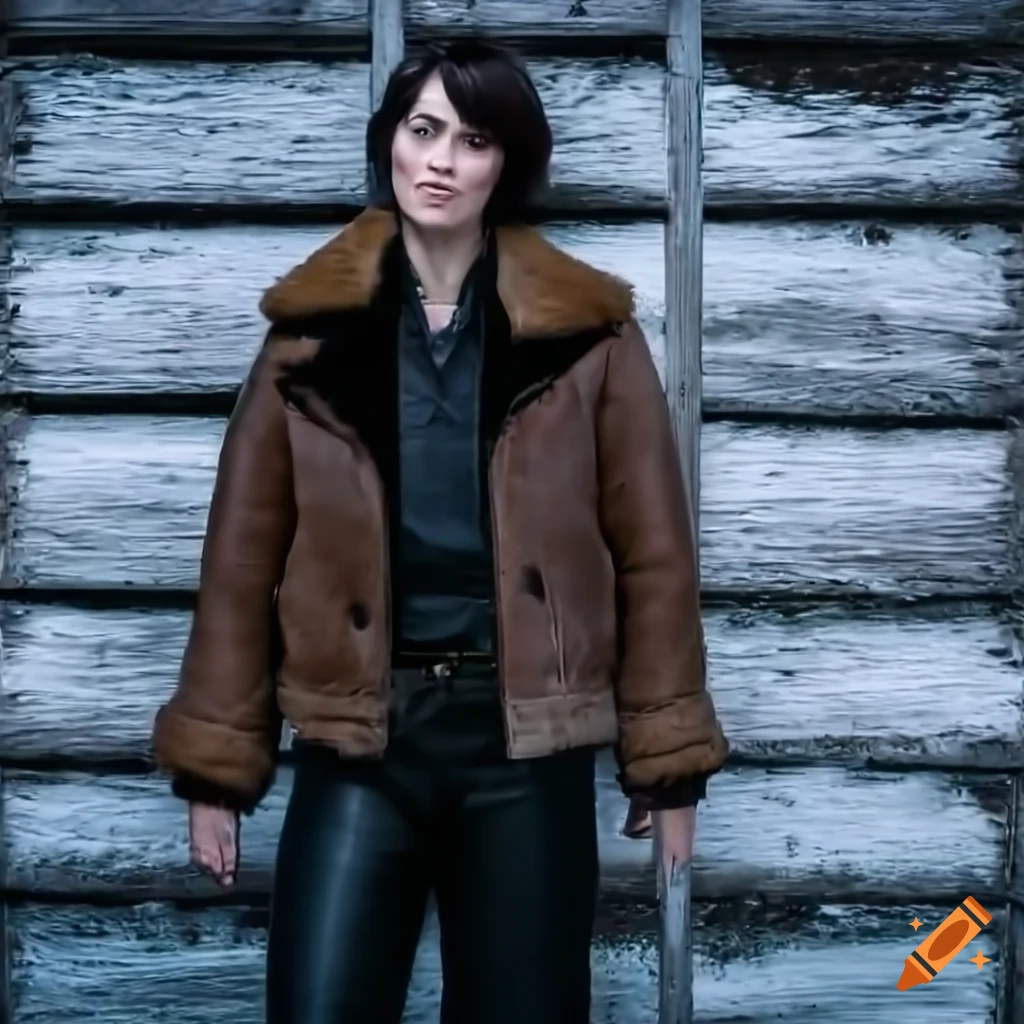 Young woman in brown sheepskin bomber jacket and black leather trousers standing in barn doorway