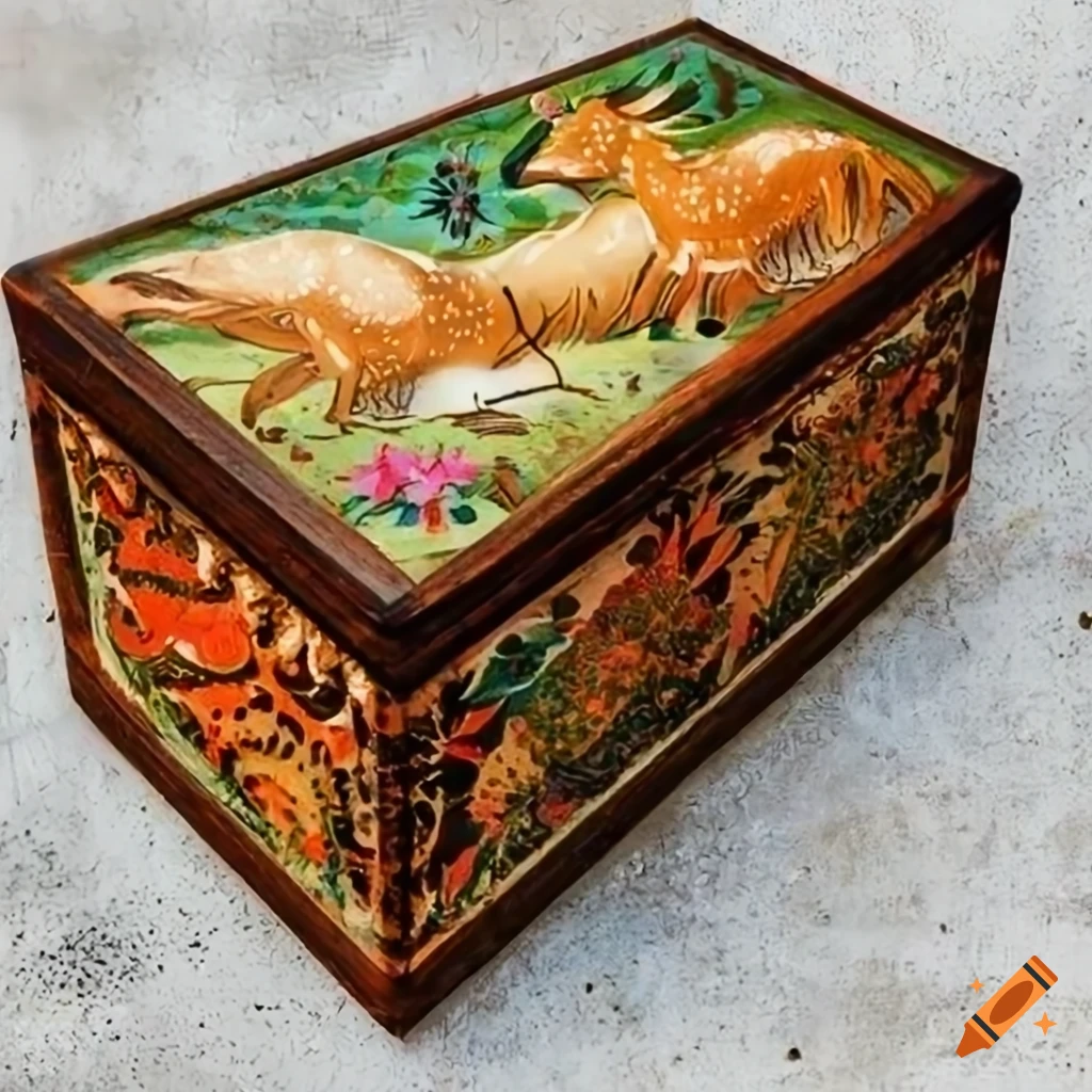 Siberian folk art wooden box with multicolor glossy vintage design