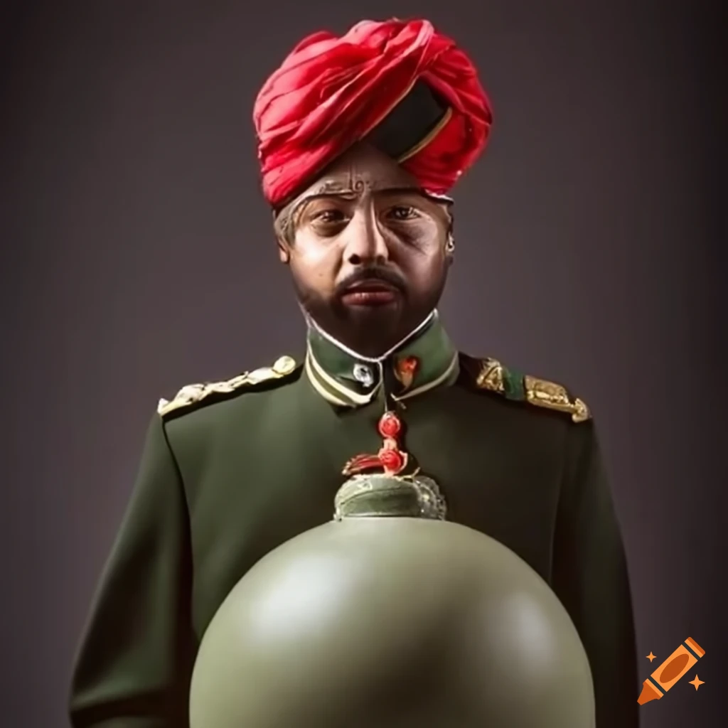 Bomb in military parade uniform with bomb-shaped medals and turban