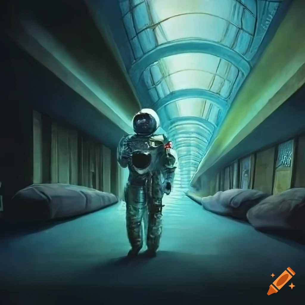 Haunted ultra-modern airport with astronaut at baggage claim surrounded by bodybags and wasp nests in ultra-realistic detail