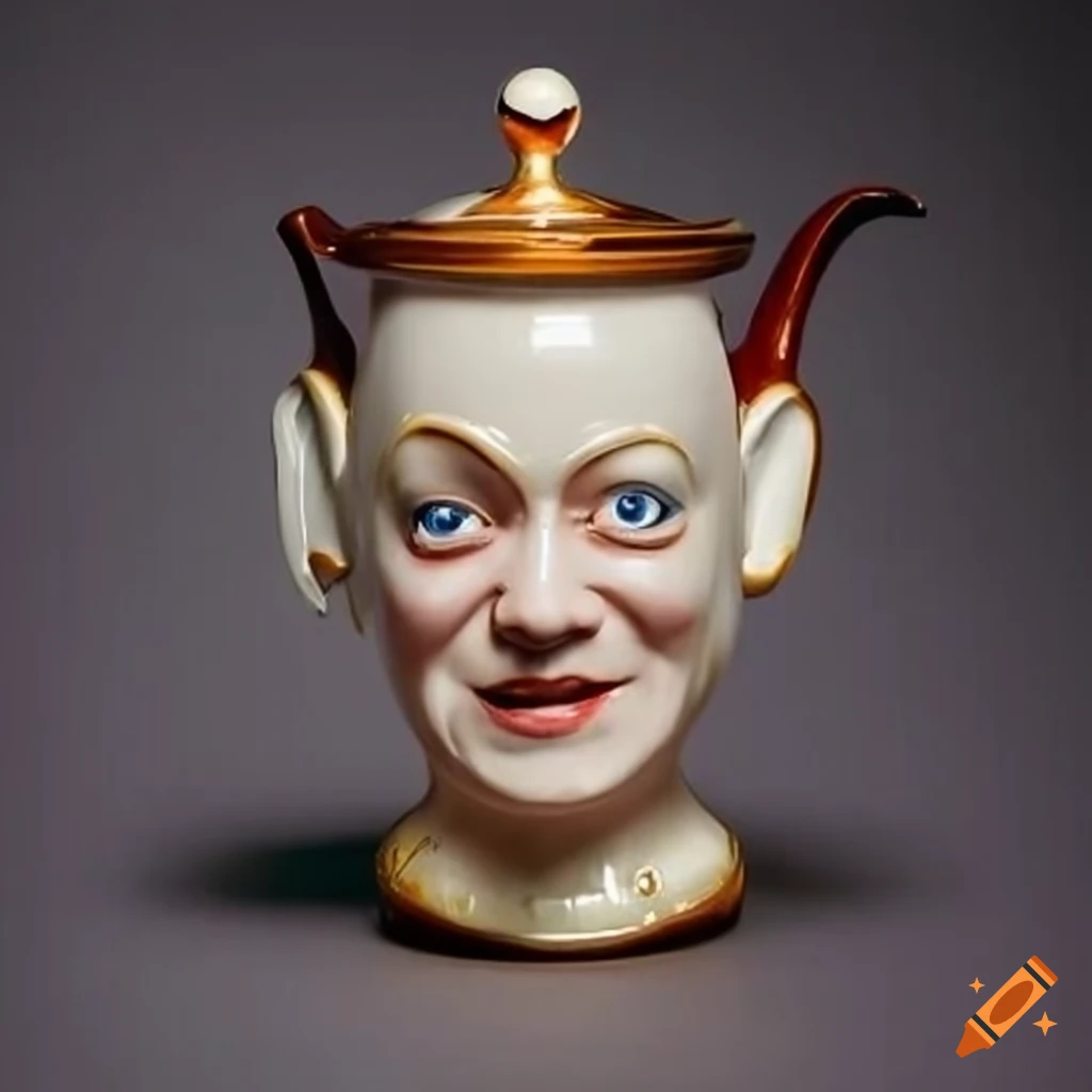 Porcelain teapots with faces of famous actors on Craiyon