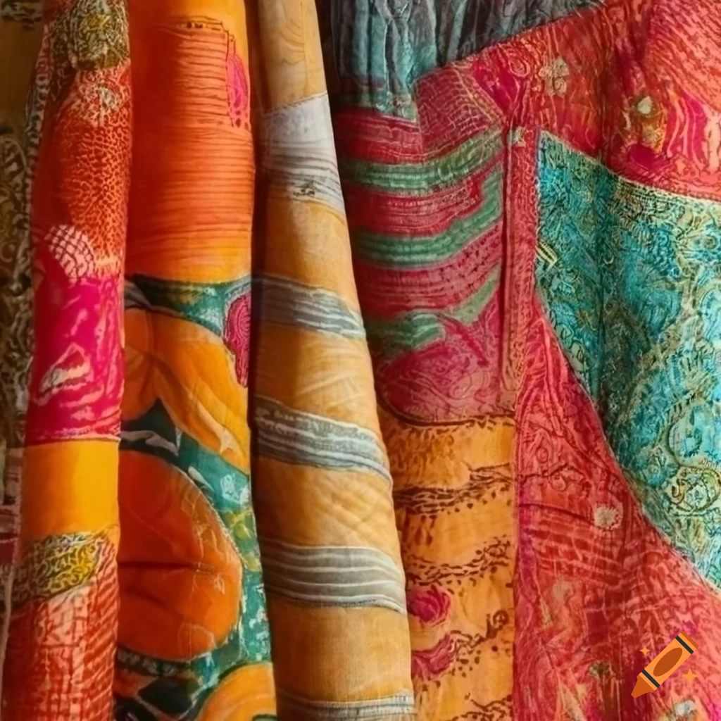 Colorful bohemian cotton blanket with Indian vintage kantha quilt on concrete background