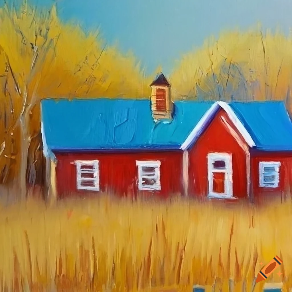 Small red wooden house on hills near a pond and wheat fields with