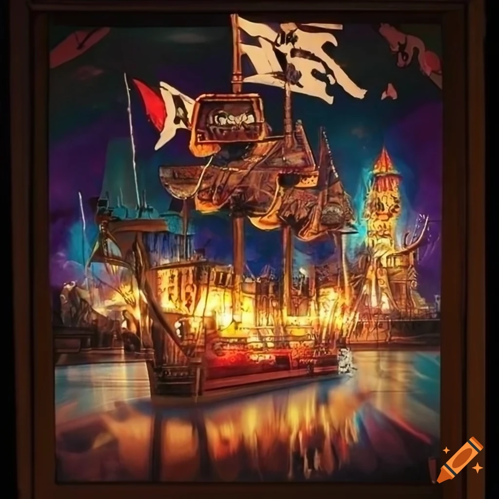 Authentic pirate ship with flags and cannons in pinball machine style