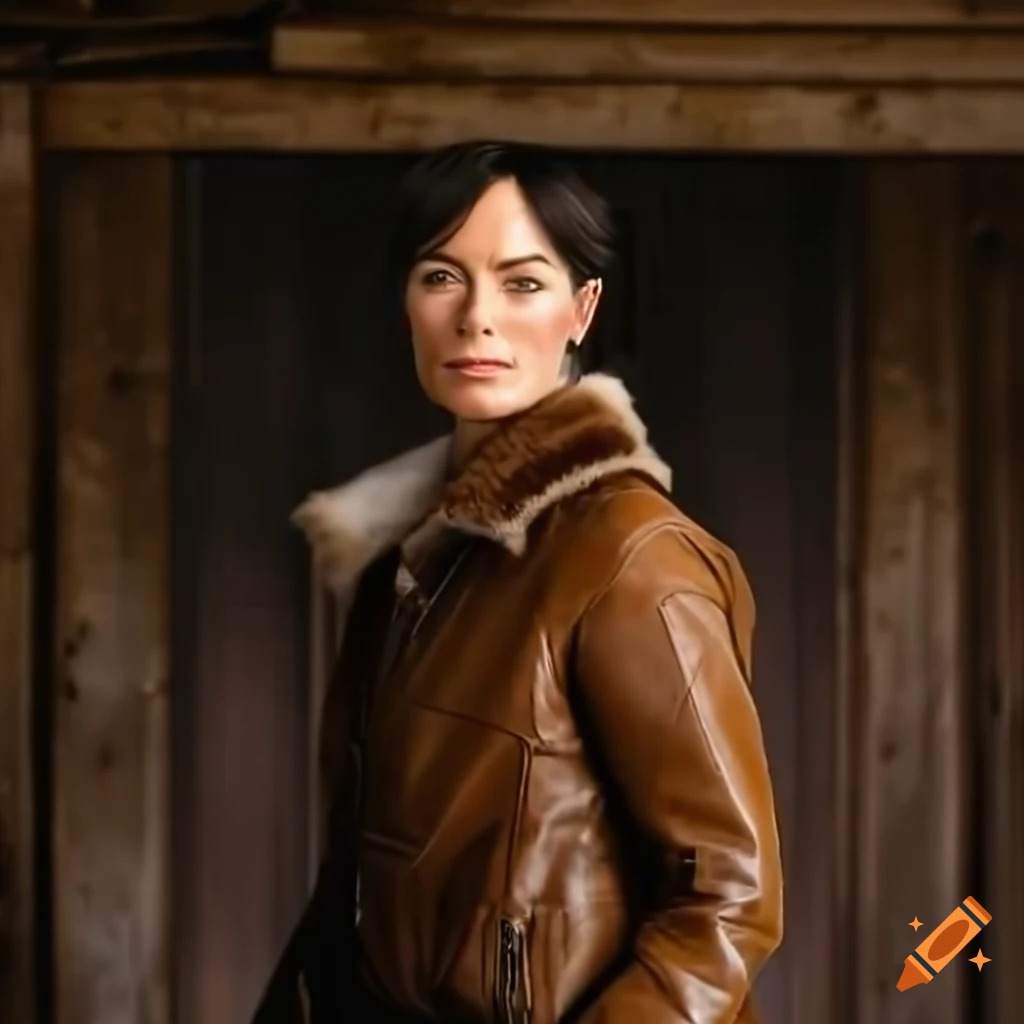 Young woman in sheepskin bomber jacket and leather trousers standing in barn doorway