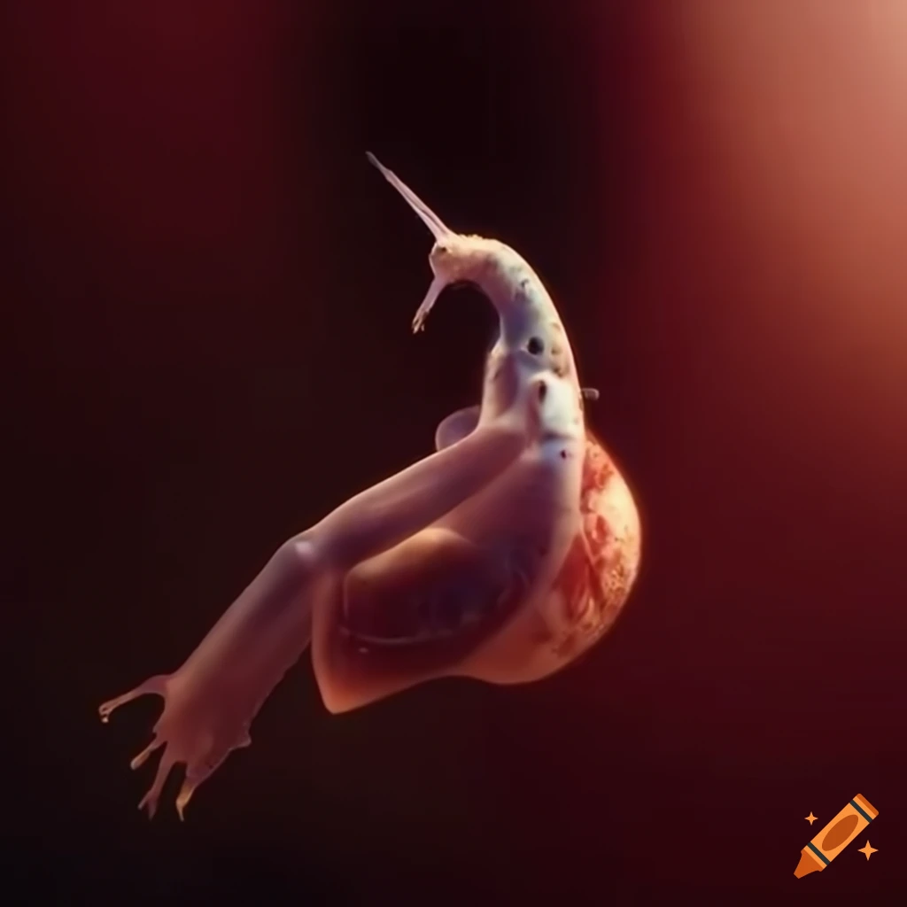 Pale beautiful human dancing with snail cyber hybrid in mystical forest