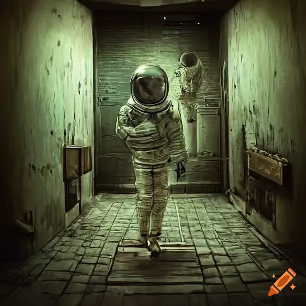 Interior of a haunted ultra-modern airport with astronaut getting luggage surrounded by wasp nests