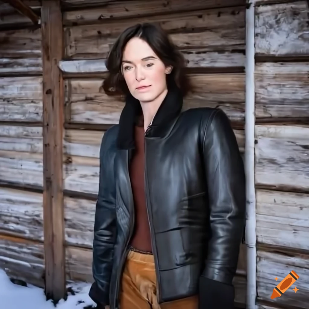 Young woman in brown sheepskin bomber jacket and black leather trousers standing in barn doorway