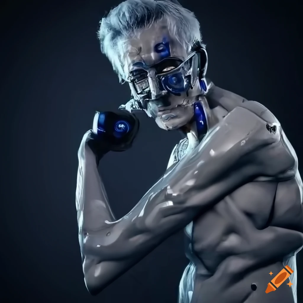 Photorealistic handsome elderly male cyborg masseur