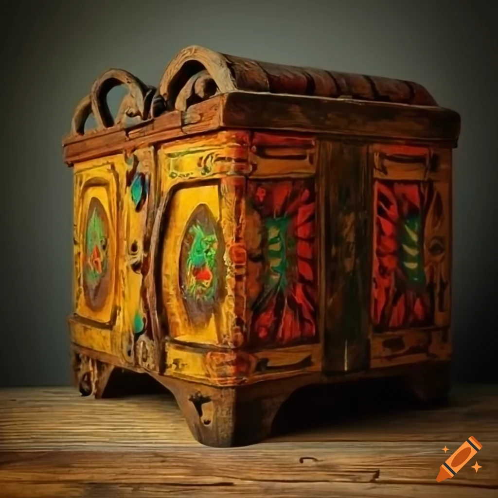 Vintage yellow chest with rustic antique design on concrete background