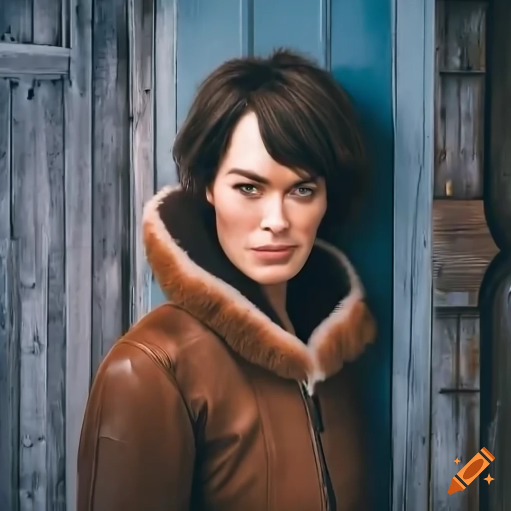 Young woman in sheepskin bomber jacket and black leather trousers standing in barn doorway