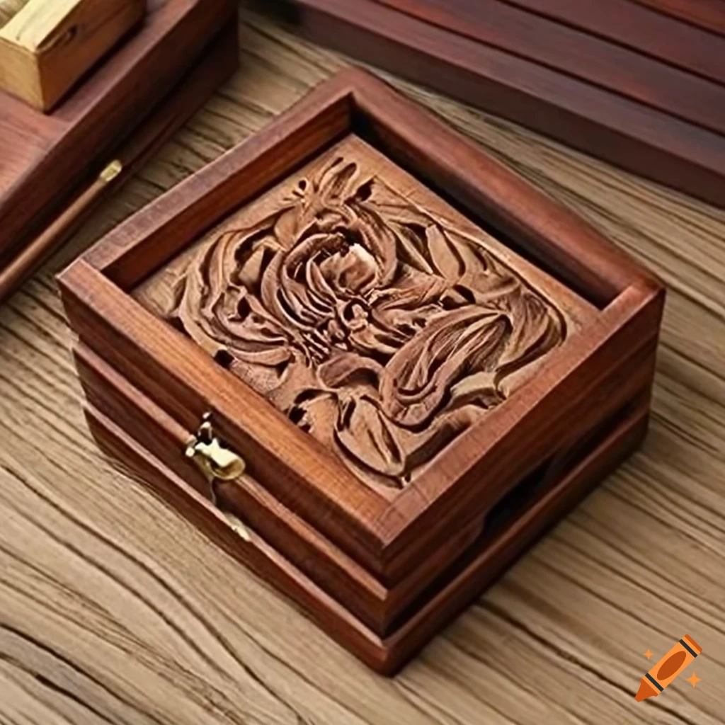 Hand-carved wooden keepsake jewelry box on concrete background