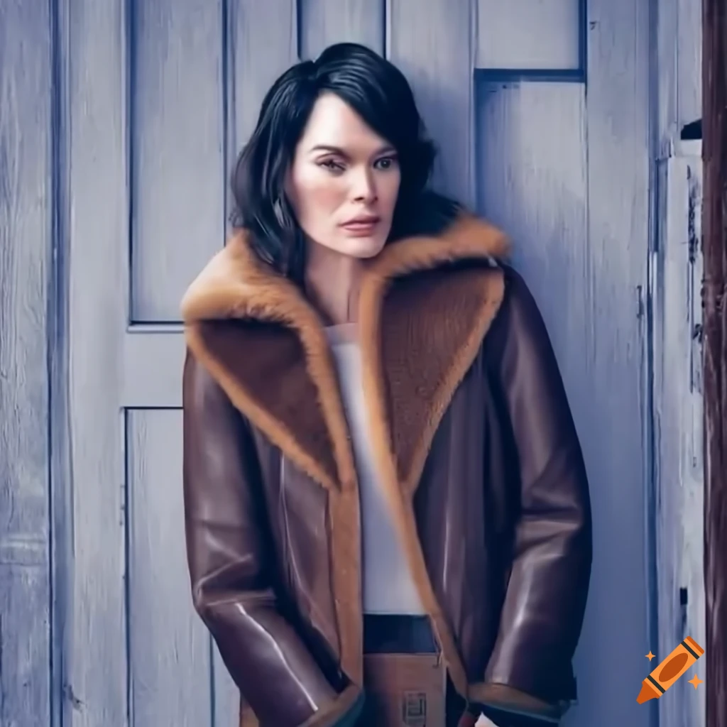 Young woman in sheepskin bomber jacket and black leather trousers standing in barn doorway