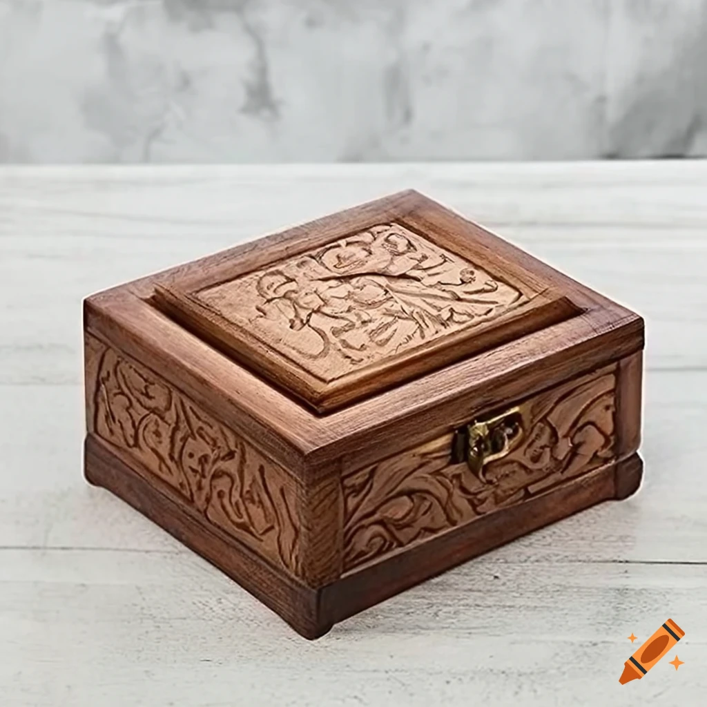 Hand-carved Thuya wooden box on concrete background