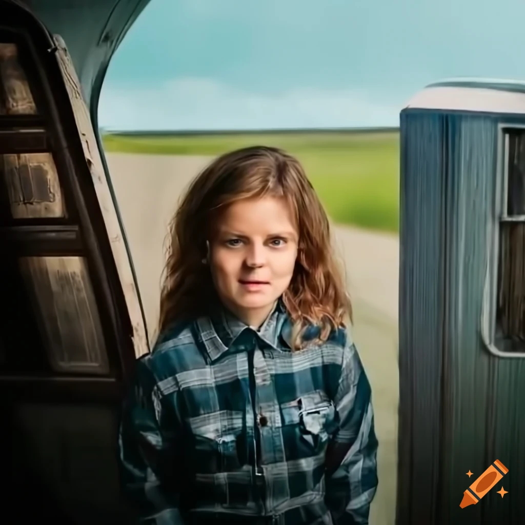 Two singers Irimia twins in country style clothing standing in caravan doorway