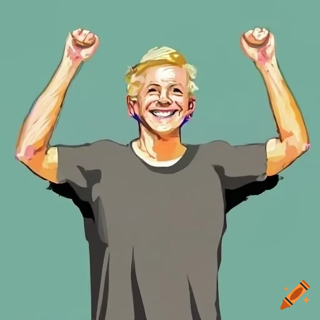Blonde man smiling and raising hands in victory gesture
