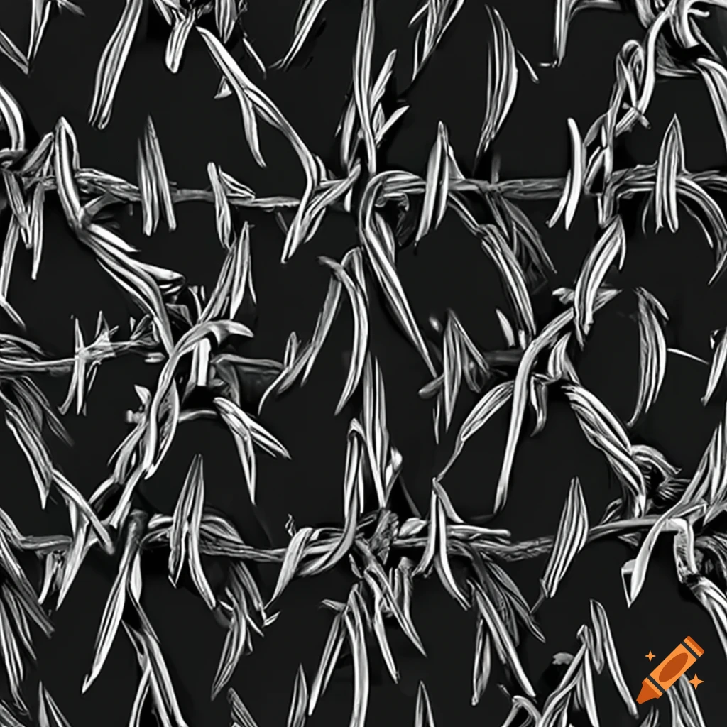 Intricate black and white drawing of bones, thorns, barbed wire, and ...