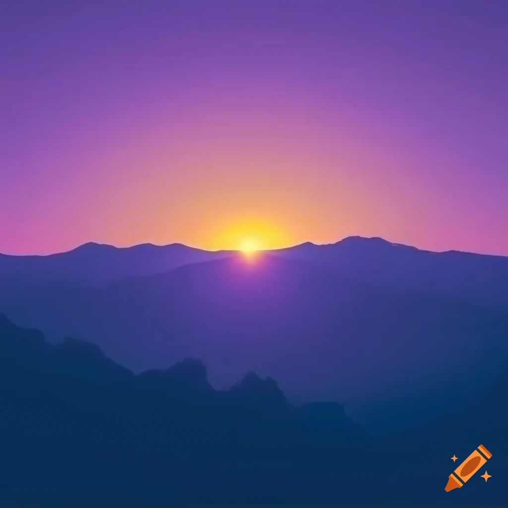 Sharp Sunset Dark blue and lavender sunset behind mountains with sharp sun ray flare ...