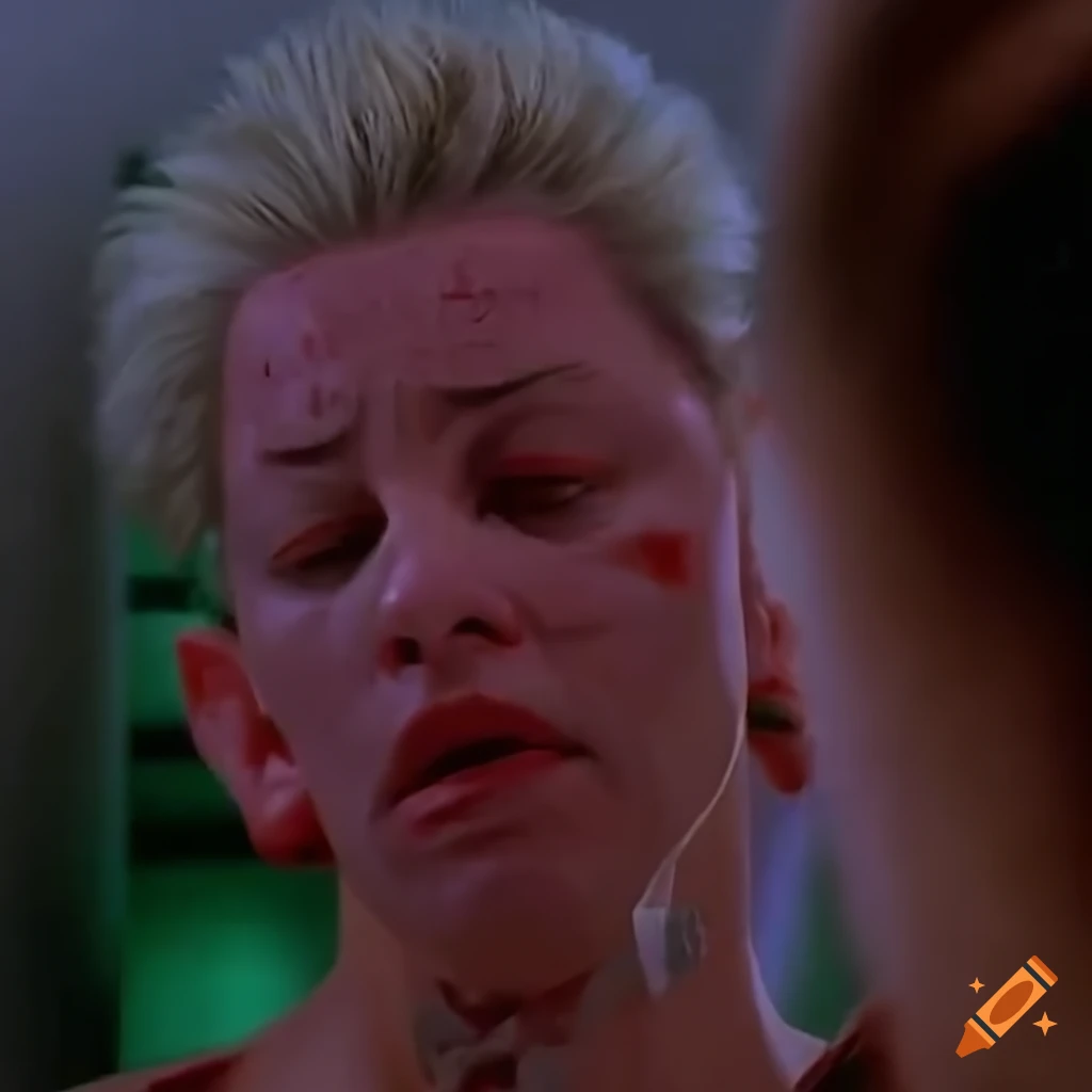 90's movie villainess with expressive facial closeup