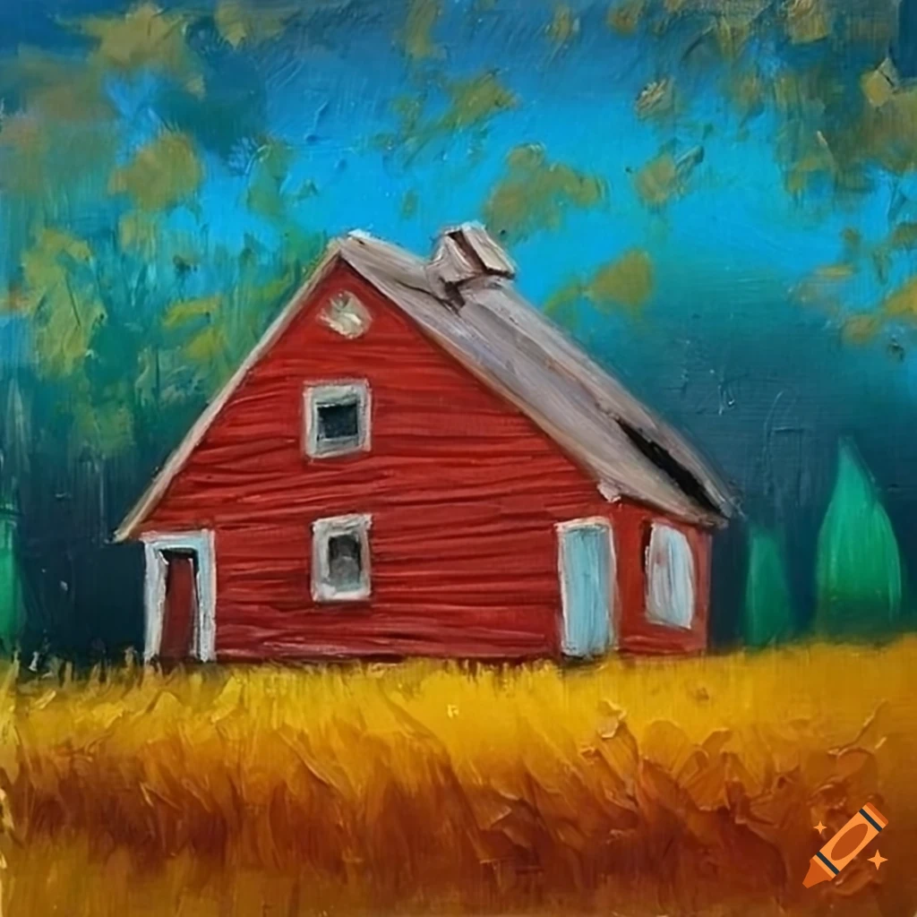 Small red wooden house by yellow trees near a pond and wheat fields on