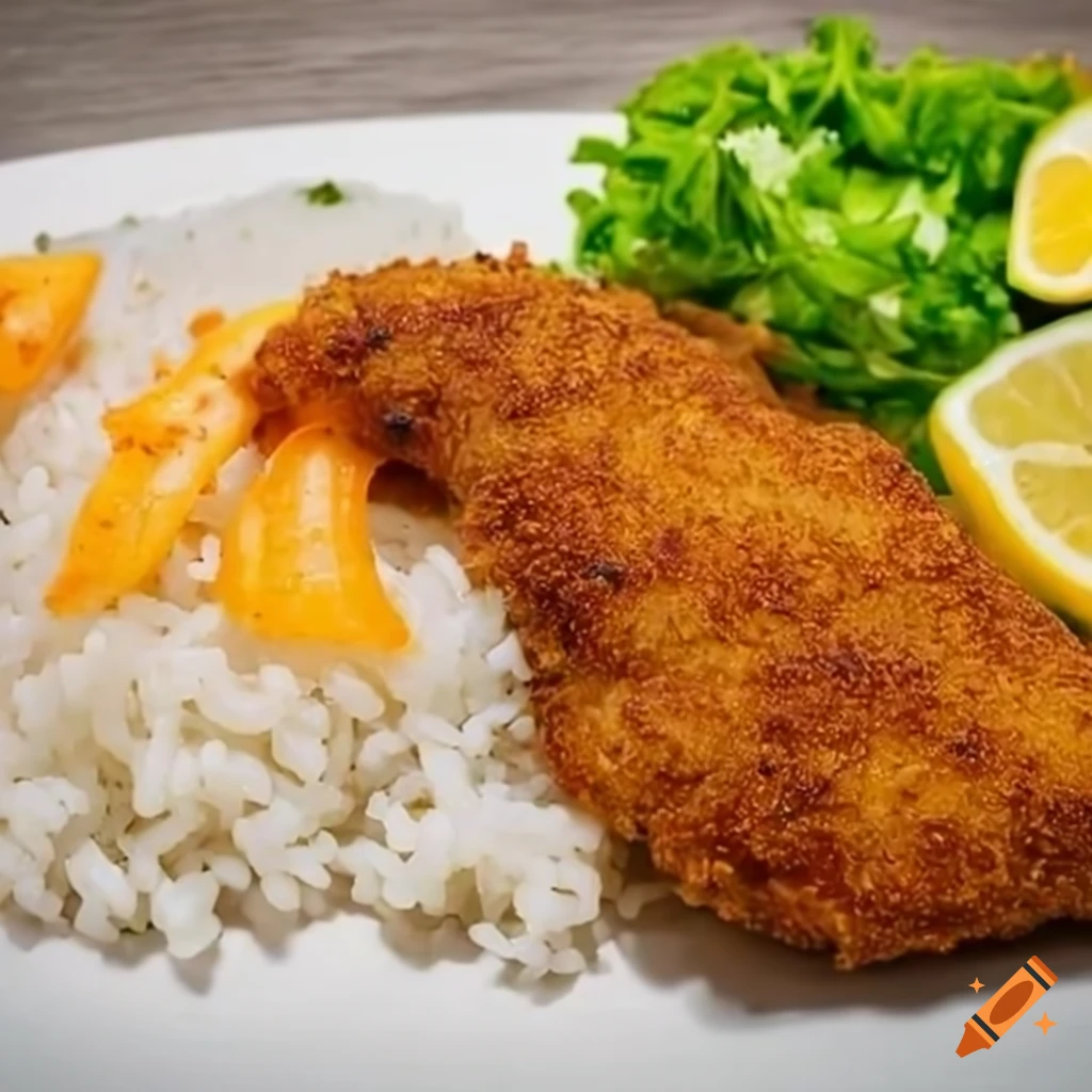 Juicy and crispy breaded chicken cutlet with rice