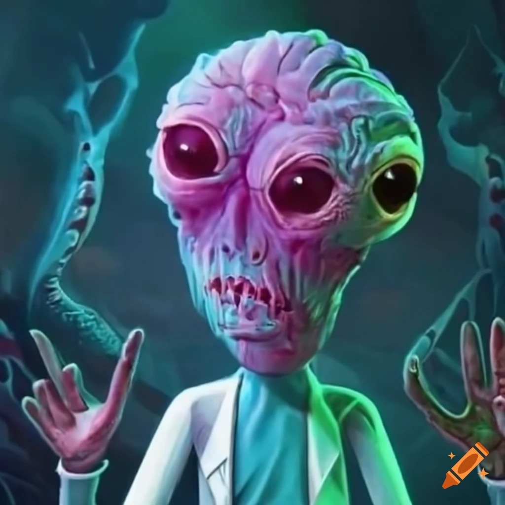 Rick and Morty meeting outrageous alien creatures in a sci-fi setting