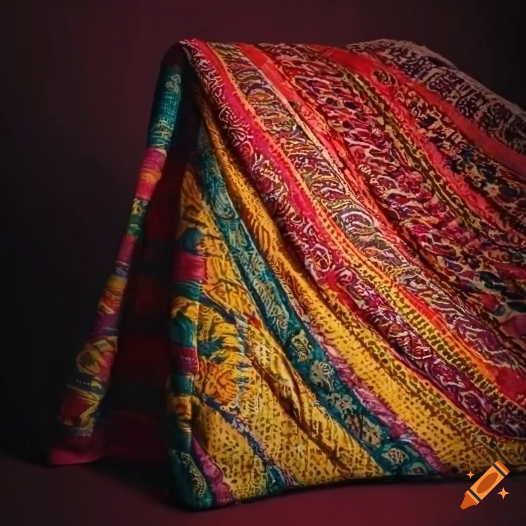 Colorful reversible blanket bedspread on concrete background