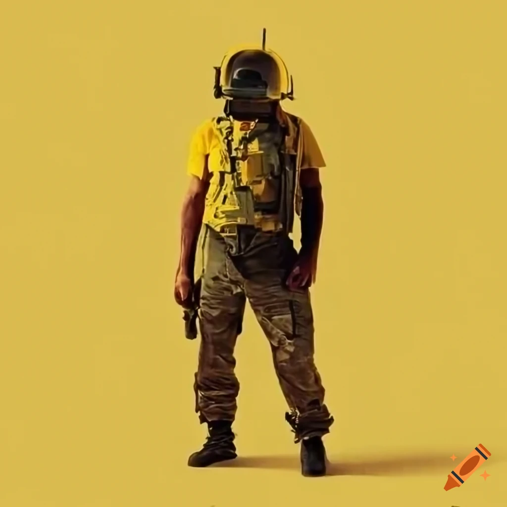 Man in pilot helmet and military outfit walking in the desert