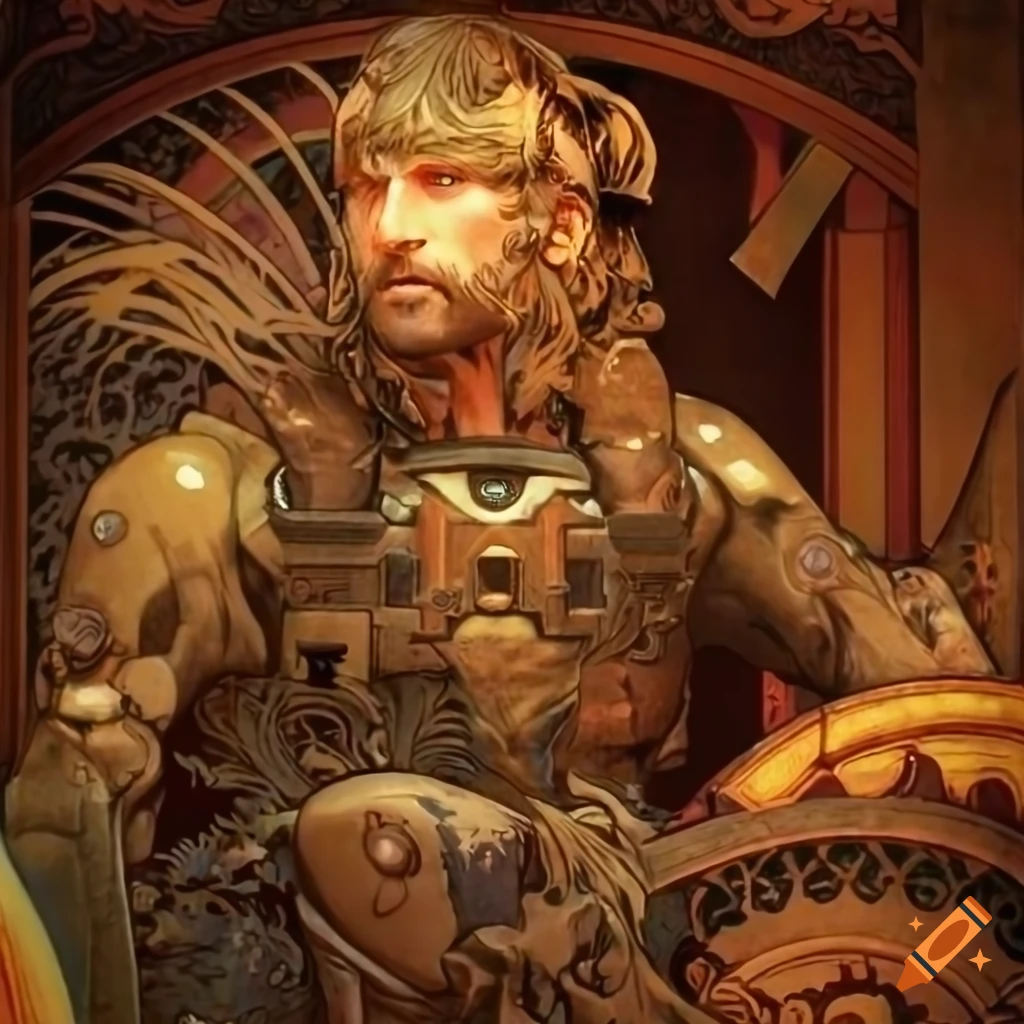 Tropical Stave Carvings style with cinematic Mech battle