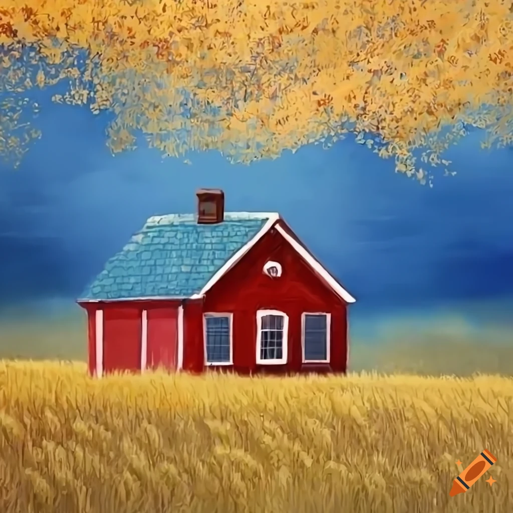 Red small house surrounded by yellow trees and wheat fields with blue
