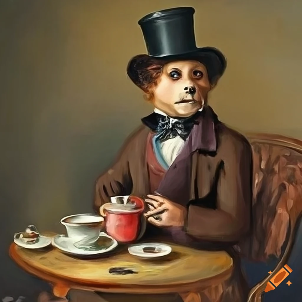 Victorian beaver in a top hat enjoying tea in an oil painting on Craiyon