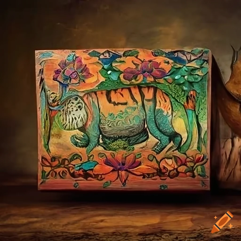 Multicolor Siberian folk art wooden box with landscapes, animals, and flowers