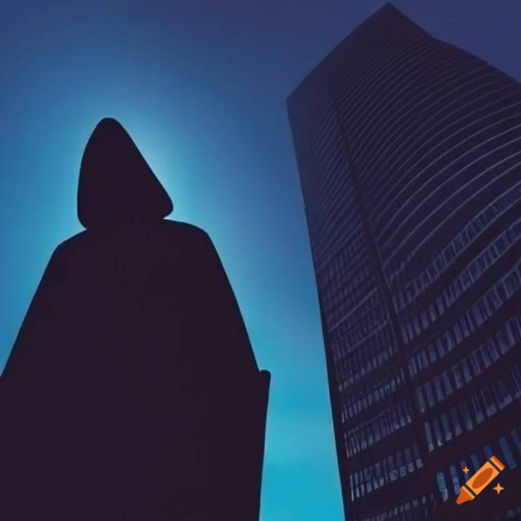Silhouette of a hooded figure looking up at a skyscraper