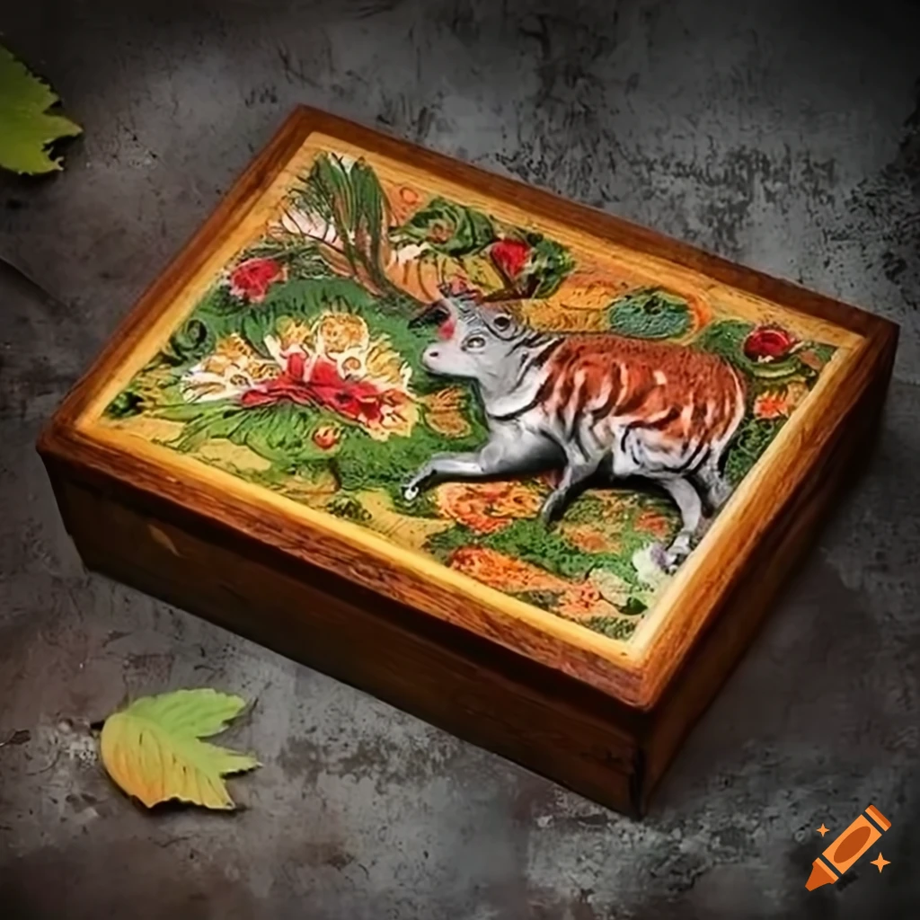 Siberian folk art wooden box with multicolor glossy vintage design