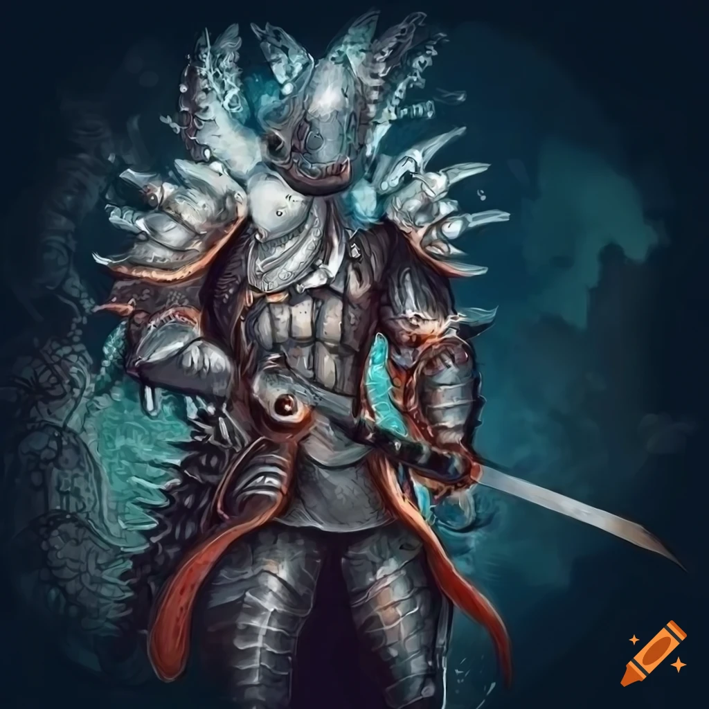 Squid warrior in silver spiked armor with ornamental sword against sea