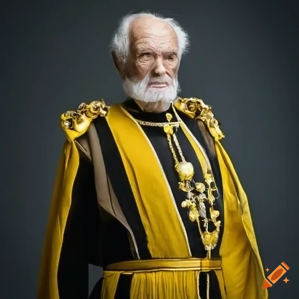 Portrait of an old king in yellow and black suit