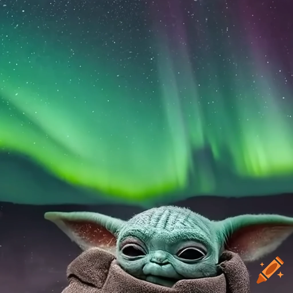 Baby Yoda marvels at the Aurora Borealis from a hidden cave
