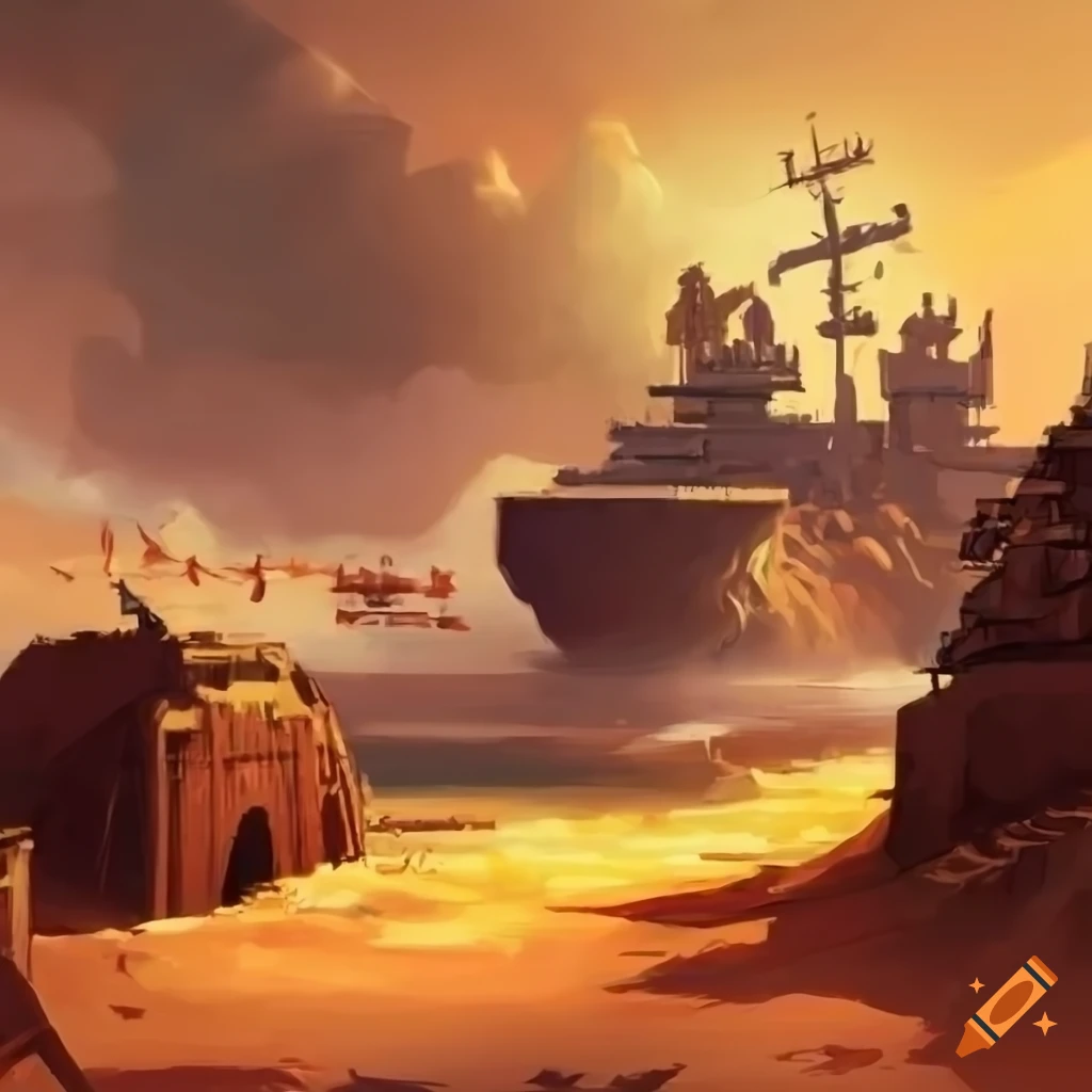 Aircraft carrier in a desert scene with a Roman color scheme in Warhammer art style