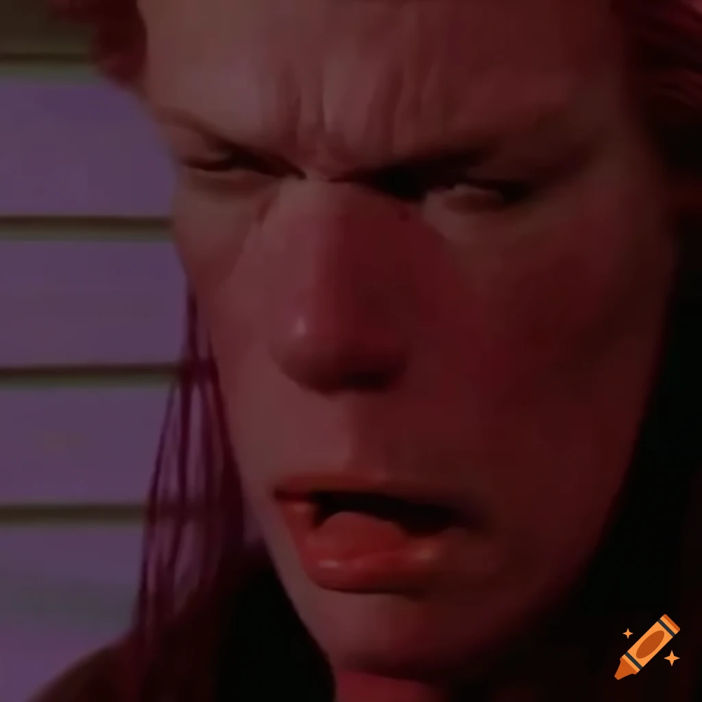 Closeup of expressive facial closeup of dizzied and bloodied movie villainess